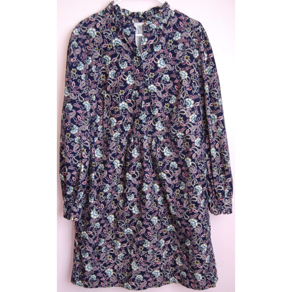 Boden Womens Dress Ruffle Stretch Corduroy Navy Blue Floral Paisley Pocket 16L